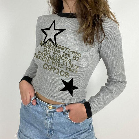 Grey Letter Patchwork Full Sleeve T Shirt