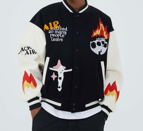 That's BLACK AIR Flame Baseball Bomber Jacket