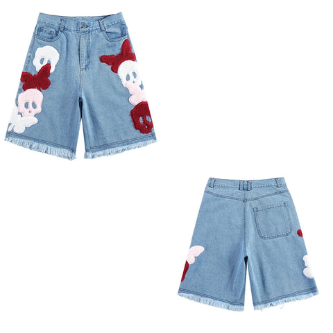 SKULL STARS & HEART Denim Shorts