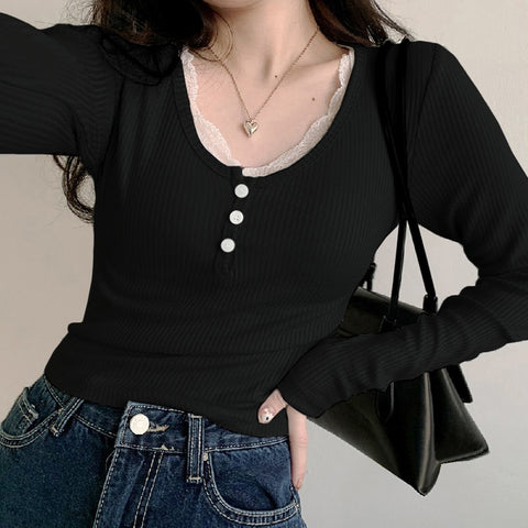 Lace Patchwork Button-up Casual Basic T-shirt
