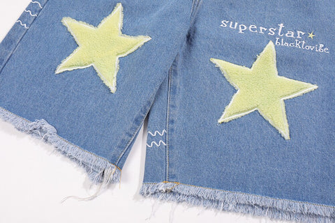 SUPERSTAR Towel Embroidery Lace Patchwork Denim Shorts