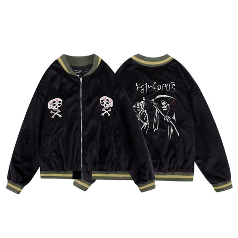 Skull Bone Embroidery Black Velvet Varisity Jacket