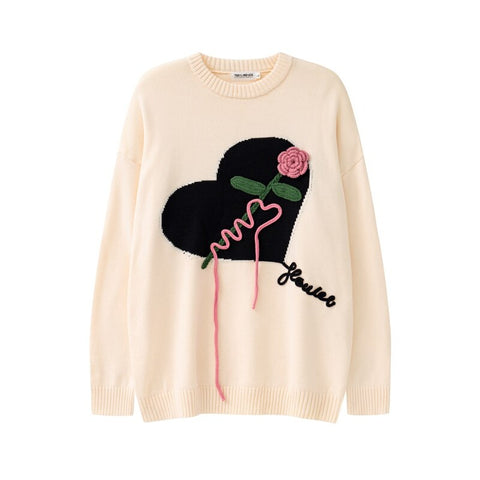 Floral Ghost Heart Knitted Embridery Sweater