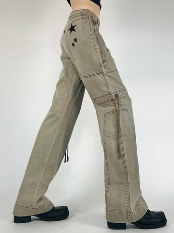 Khaki Vintage Low Waisted Pockets Streetwear Pants