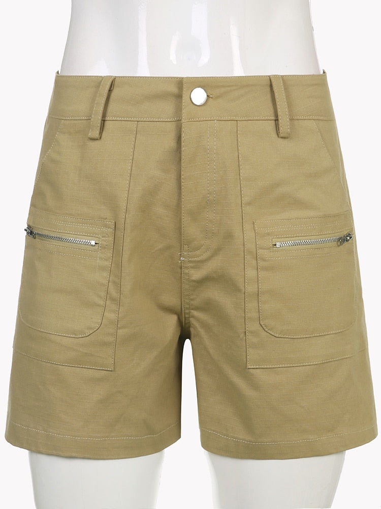 High Waisted Khaki Pockets Cargo Shorts