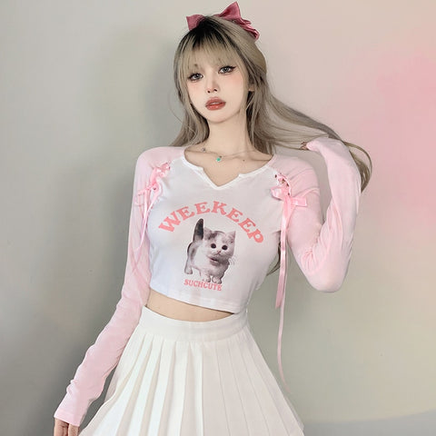 Kawaii Cat Print Pink Lace-up Patchwork T shirt