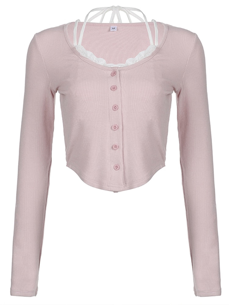 Button Full Sleeve Lace Pink Crop Top