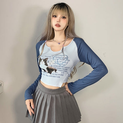 Cute Cat Printing Patchwork Knitted Cropped Top