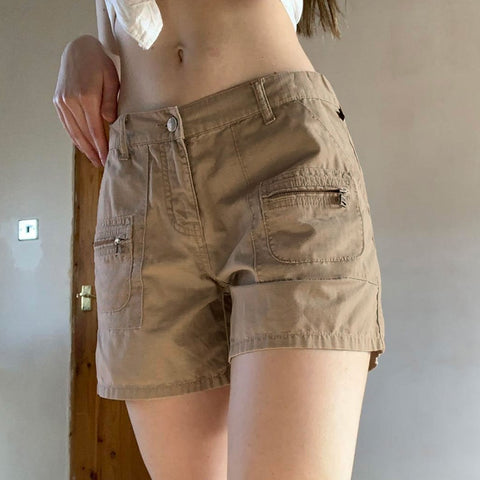 High Waisted Khaki Pockets Cargo Shorts