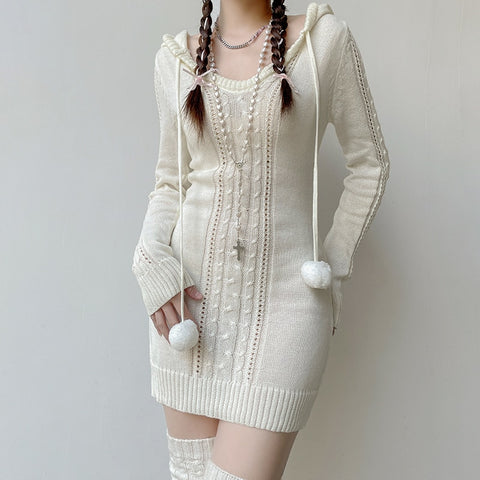 Mini Crochet Knit Hoodie Short Dress