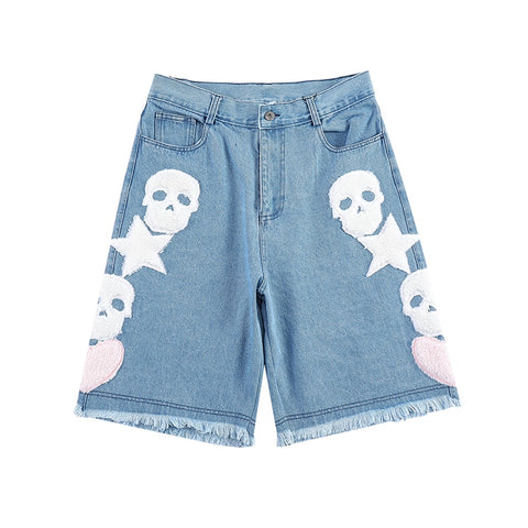 SKULL STARS & HEART Denim Shorts