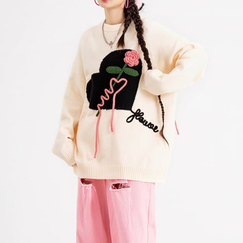 Floral Ghost Heart Knitted Embridery Sweater