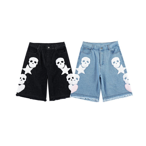 SKULL STARS & HEART Denim Shorts