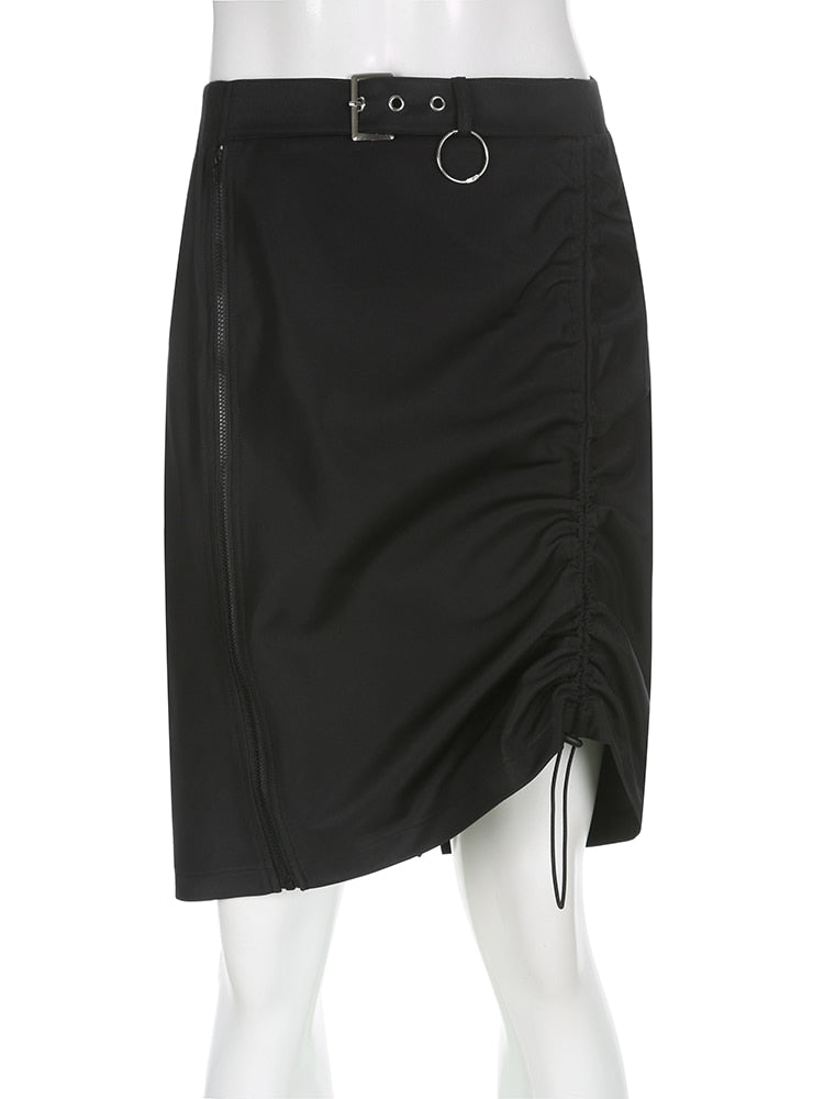 Black Midi Skirts Zipper Low Waisted Straight Skirts