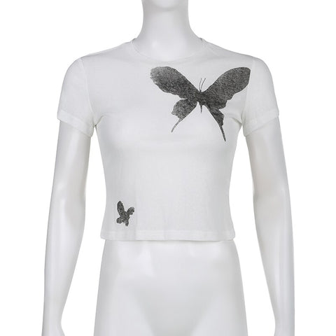 Butterfly Crop Top O Neck Short Sleeve T Shirt