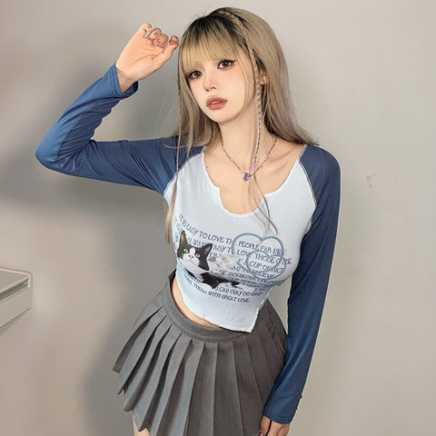 Cute Cat Printing Patchwork Knitted Cropped Top