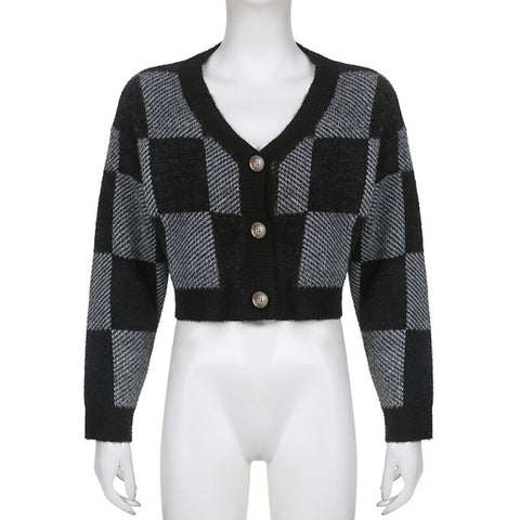 Sweet Aesthetic Plaid Print Buttons Sweater