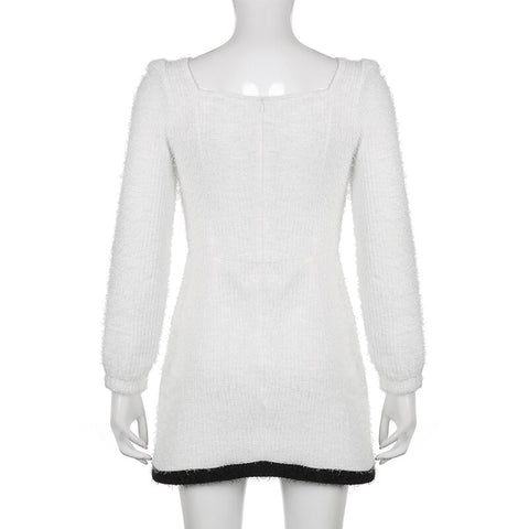 Fashion Bow Patchwork Furry White Dress