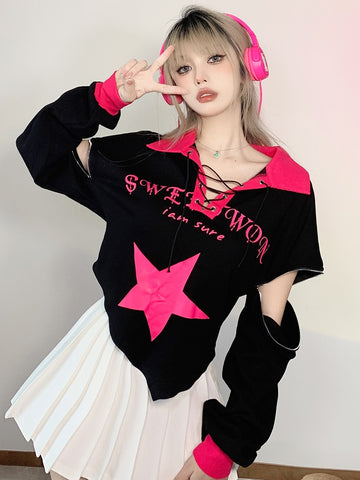 Star Print Contrast Patchwork Harajuku Hoodies