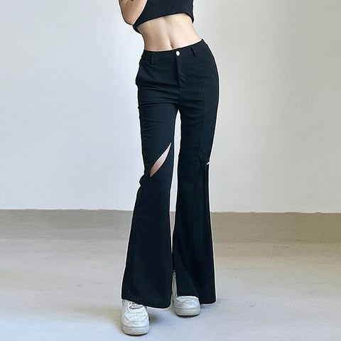 Black Cut Out Flare Pants Low Waisted Knitted Pants