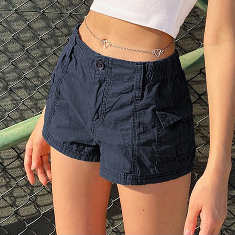 Solid Cargo Elastic Band Low Waisted Shorts