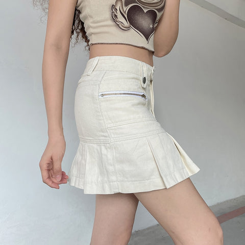 White A-line Pleated Zipper Pockets Jean Skirts