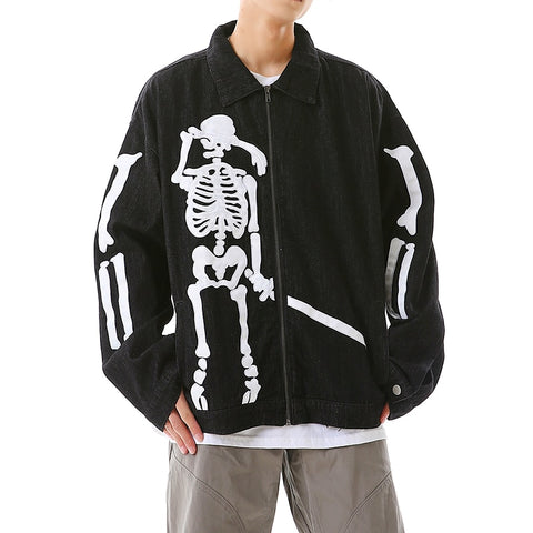 Leather Skull and Bone Embroidery Spliced Jacket