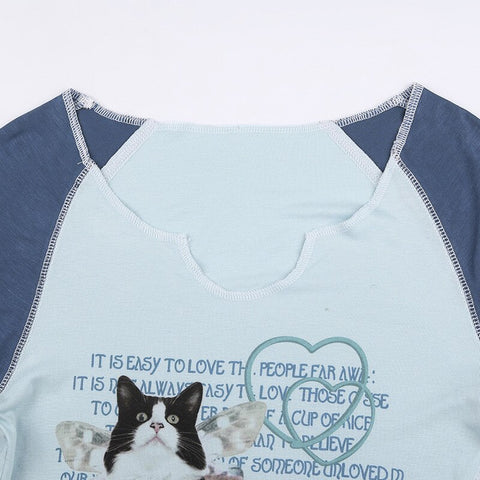 Cute Cat Printing Patchwork Knitted Cropped Top