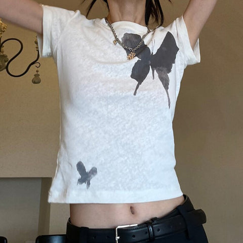 Butterfly Crop Top O Neck Short Sleeve T Shirt