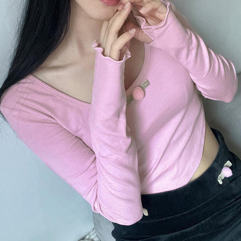 Pink Floral Crop Top O Neck Full Sleeve Trim T Shirt