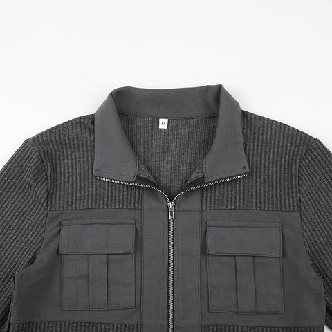 Pockets Cargo  Knitted Zipper Turn Down Collar T Shirt