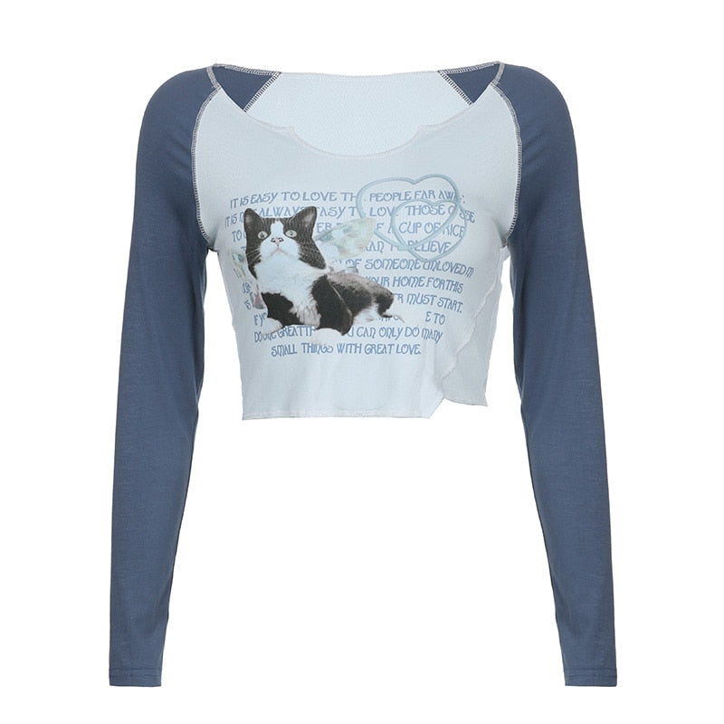 Cute Cat Printing Patchwork Knitted Cropped Top