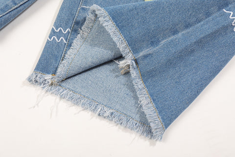 SUPERSTAR Towel Embroidery Lace Patchwork Denim Shorts