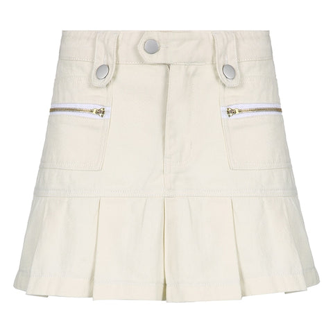 White A-line Pleated Zipper Pockets Jean Skirts