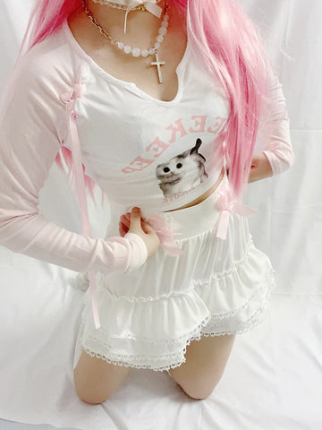 Kawaii Cat Print Pink Lace-up Patchwork T shirt