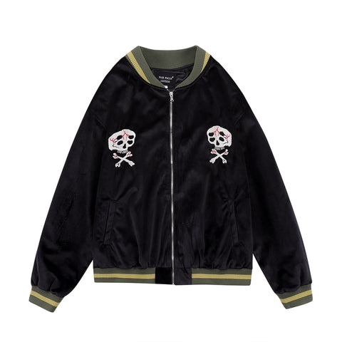 Skull Bone Embroidery Black Velvet Varisity Jacket