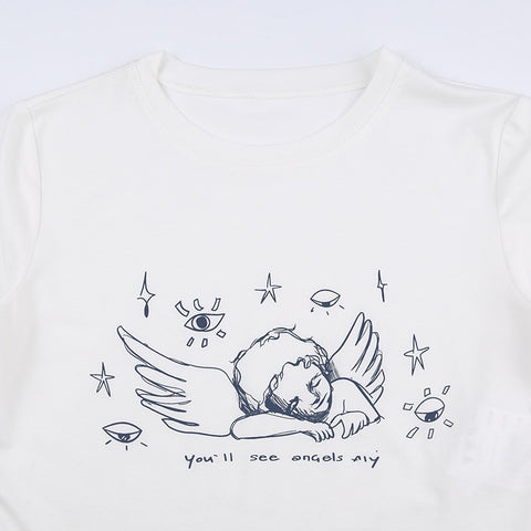 Cute Graphic Short Sleeve Angel Print Cropped Top