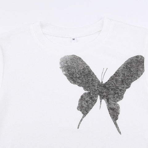 Butterfly Crop Top O Neck Short Sleeve T Shirt