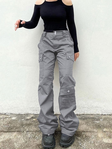 Big Pockets Baggy Straight Zipper Trousers