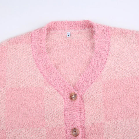 Sweet Aesthetic Plaid Print Buttons Sweater