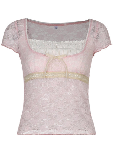 Women Patchwork Frill Aesthetic Pink Cute T-shirts