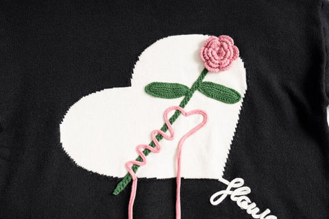 Floral Ghost Heart Knitted Embridery Sweater