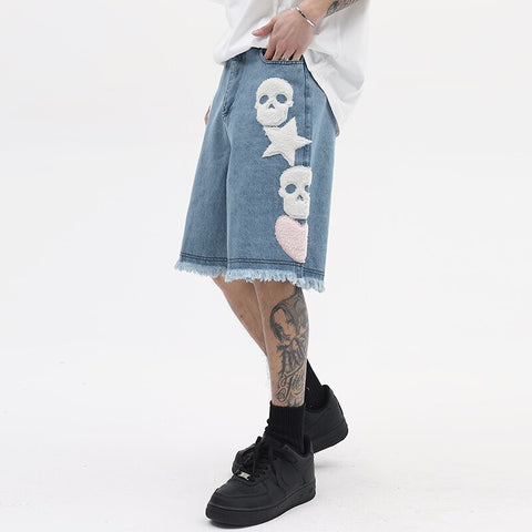 SKULL STARS & HEART Denim Shorts