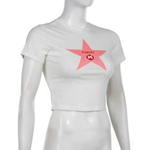 Star Crop Top O Neck Short Sleeve T Shirt