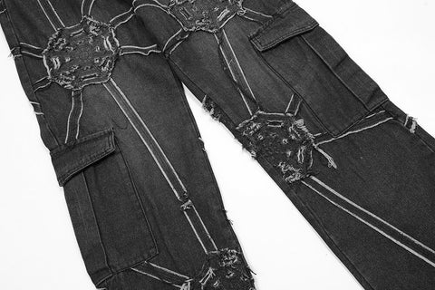 Washed Black Patchwork Straight Spliced Jeans