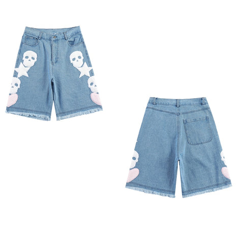 SKULL STARS & HEART Denim Shorts