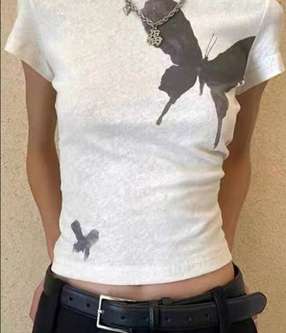 Butterfly Crop Top O Neck Short Sleeve T Shirt