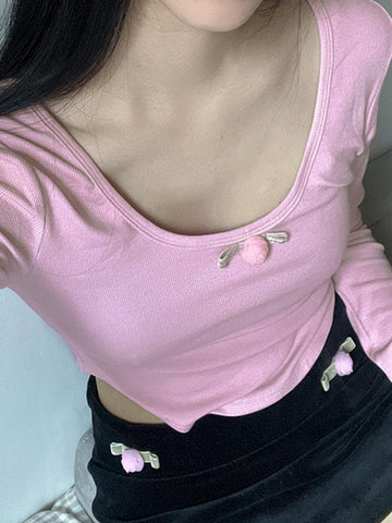 Pink Floral Crop Top O Neck Full Sleeve Trim T Shirt