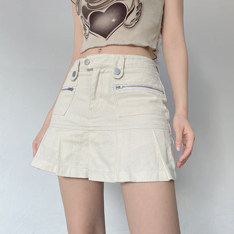 White A-line Pleated Zipper Pockets Jean Skirts