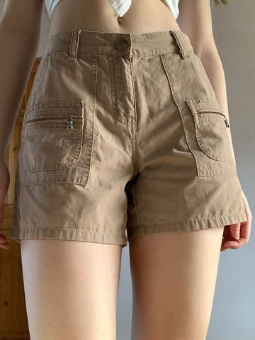 High Waisted Khaki Pockets Cargo Shorts